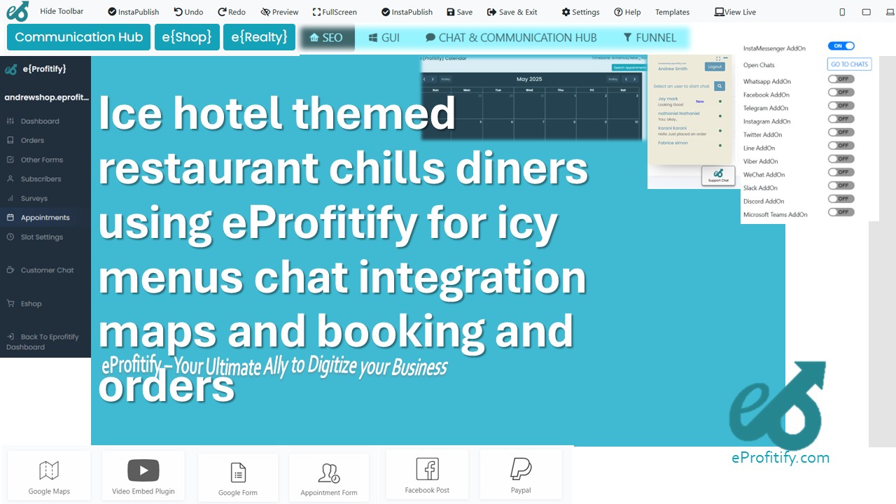 Ice hotel themed restaurant chills diners using eProfitify for icy menus chat integration maps and booking and orders